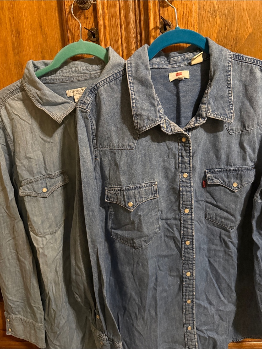 2X denim, long sleeve, pearl snaps. 
2 shirts. Levis & Liz Claiborne